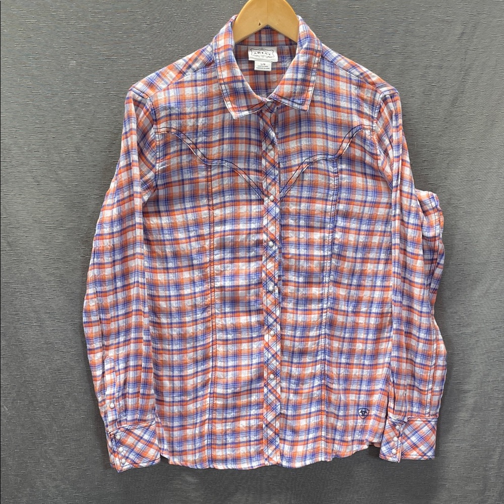 Ariat women’s Multicolor Plaid Button Down Shirt embroidered design in back